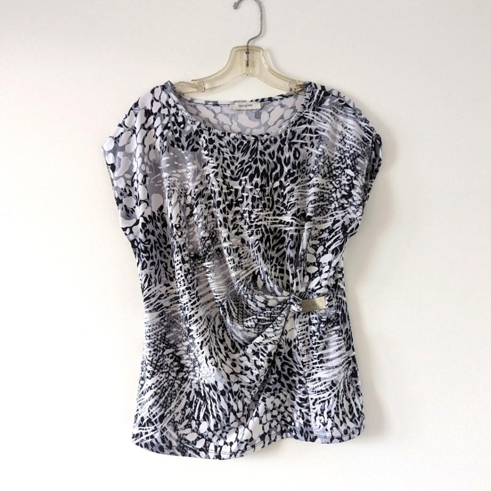 Mandee Abstract Monochrome Print Top with Waist Cinch - Size L Leopard Zebra